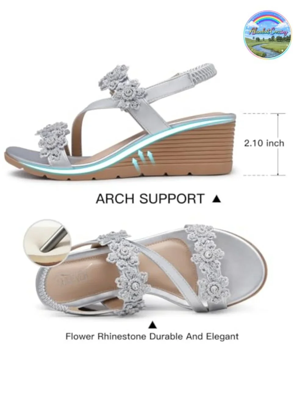 Women's Faux Leather Rhinestone Flower Wedge Sandals Low Heel Ankle Strap